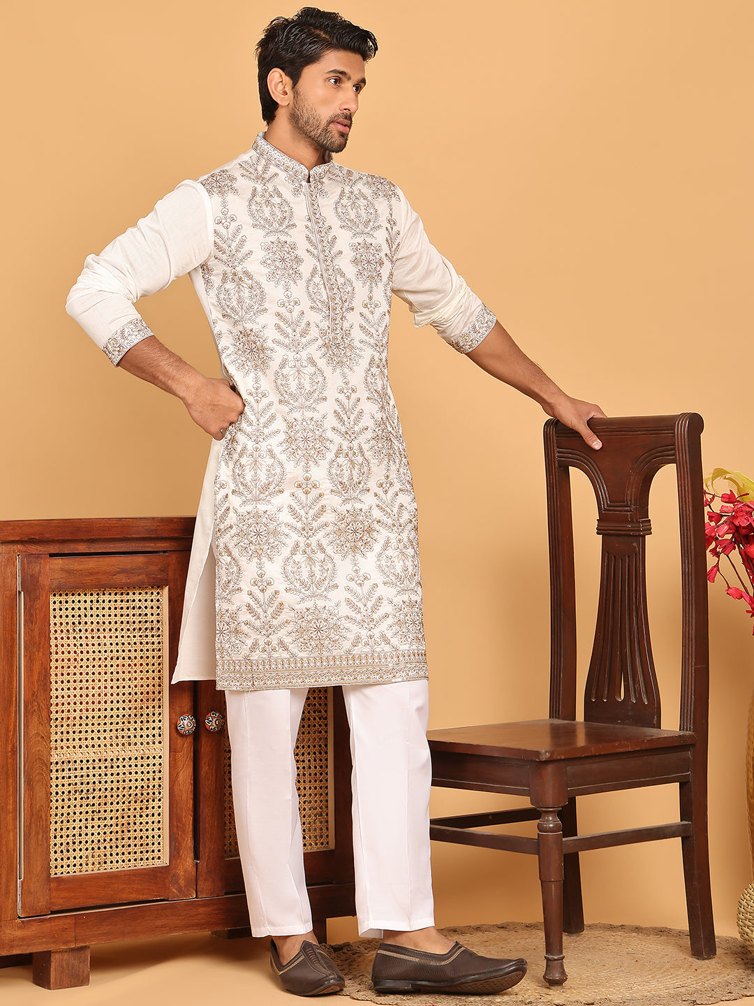 Embroidered Straight Kurta Pyjama Set For Men ( JOKP P 5180 White )