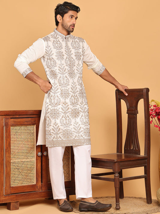 Embroidered Straight Kurta Pyjama Set For Men ( JOKP P 5180 White )