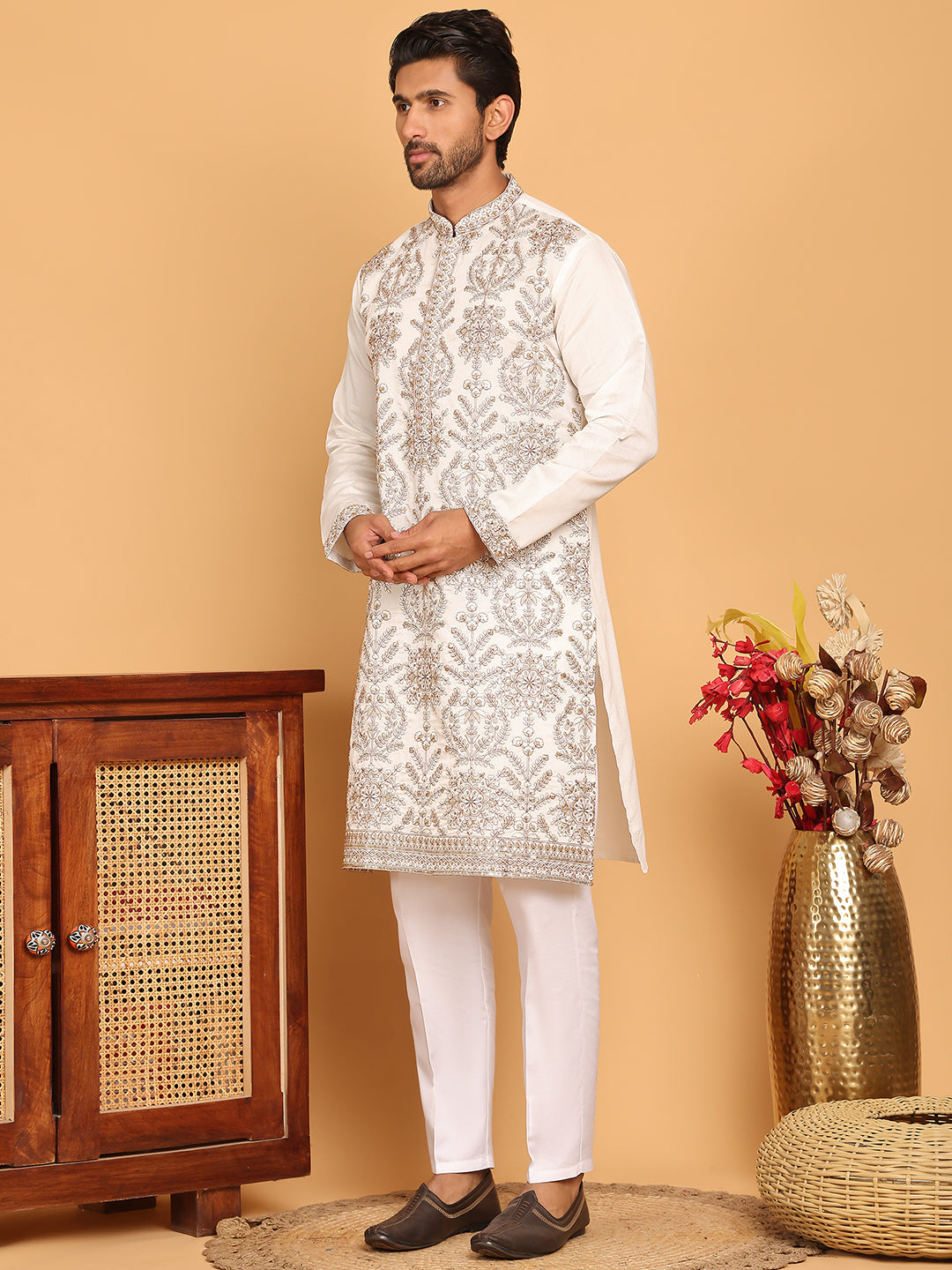 Embroidered Straight Kurta Pyjama Set For Men ( JOKP P 5180 White )