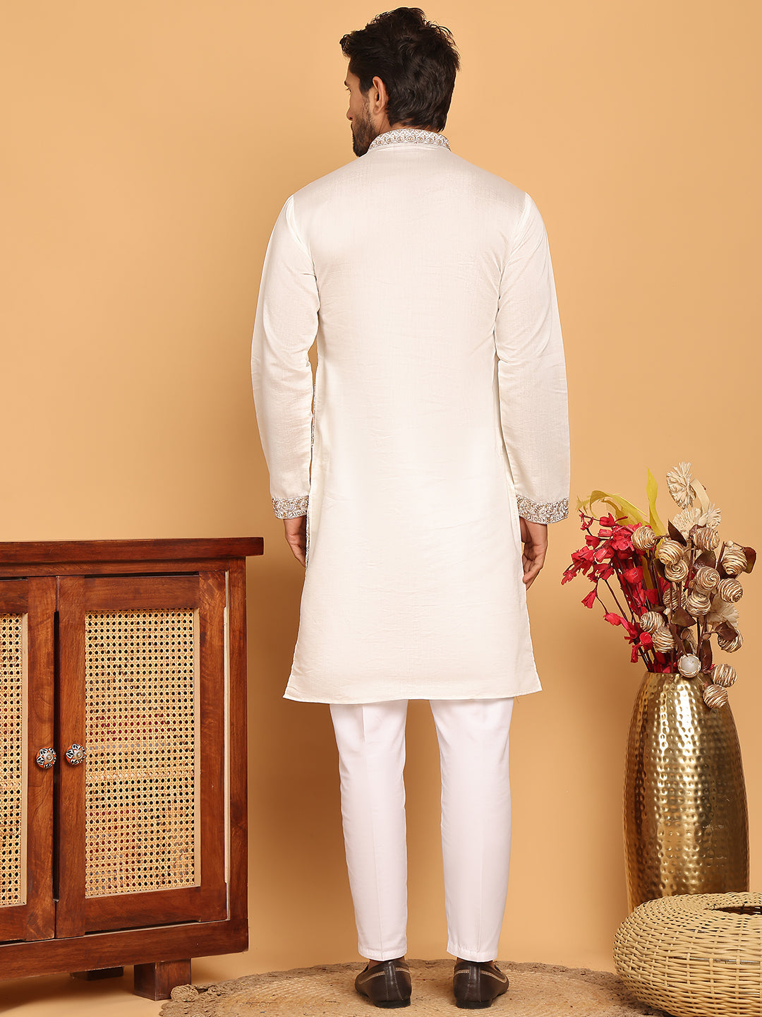 Embroidered Straight Kurta Pyjama Set For Men ( JOKP P 5180 White )