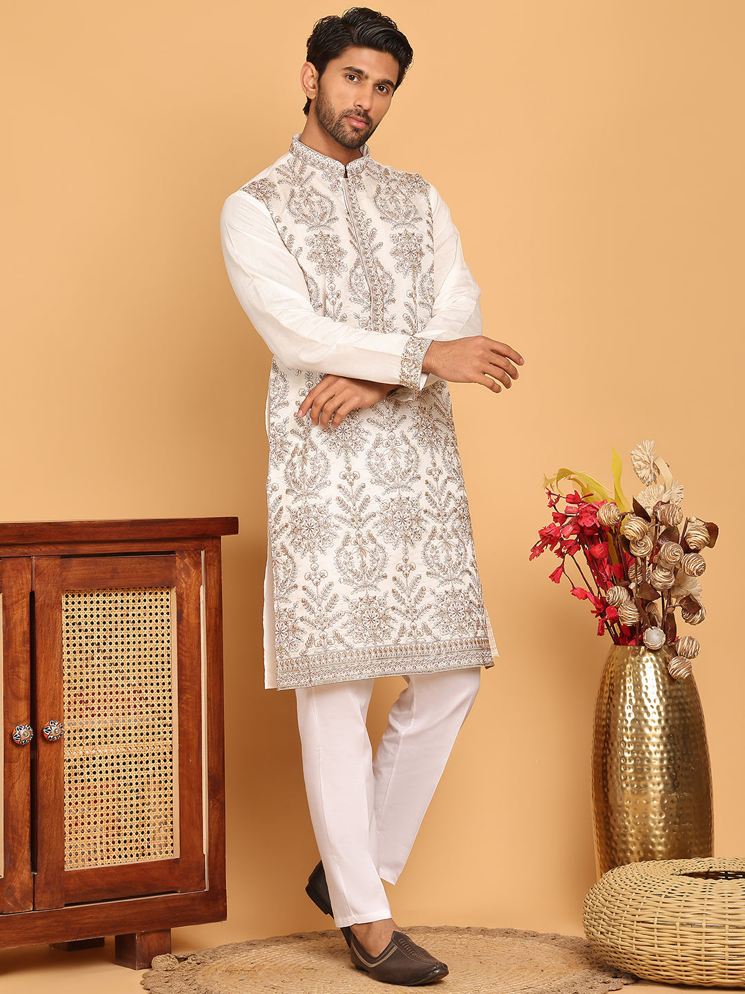 Embroidered Straight Kurta Pyjama Set For Men ( JOKP P 5180 White )