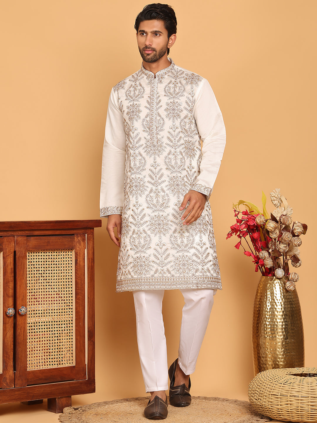 Embroidered Straight Kurta Pyjama Set For Men ( JOKP P 5180 White )