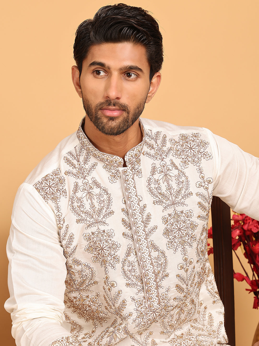 Embroidered Straight Kurta Pyjama Set For Men ( JOKP P 5180 White )