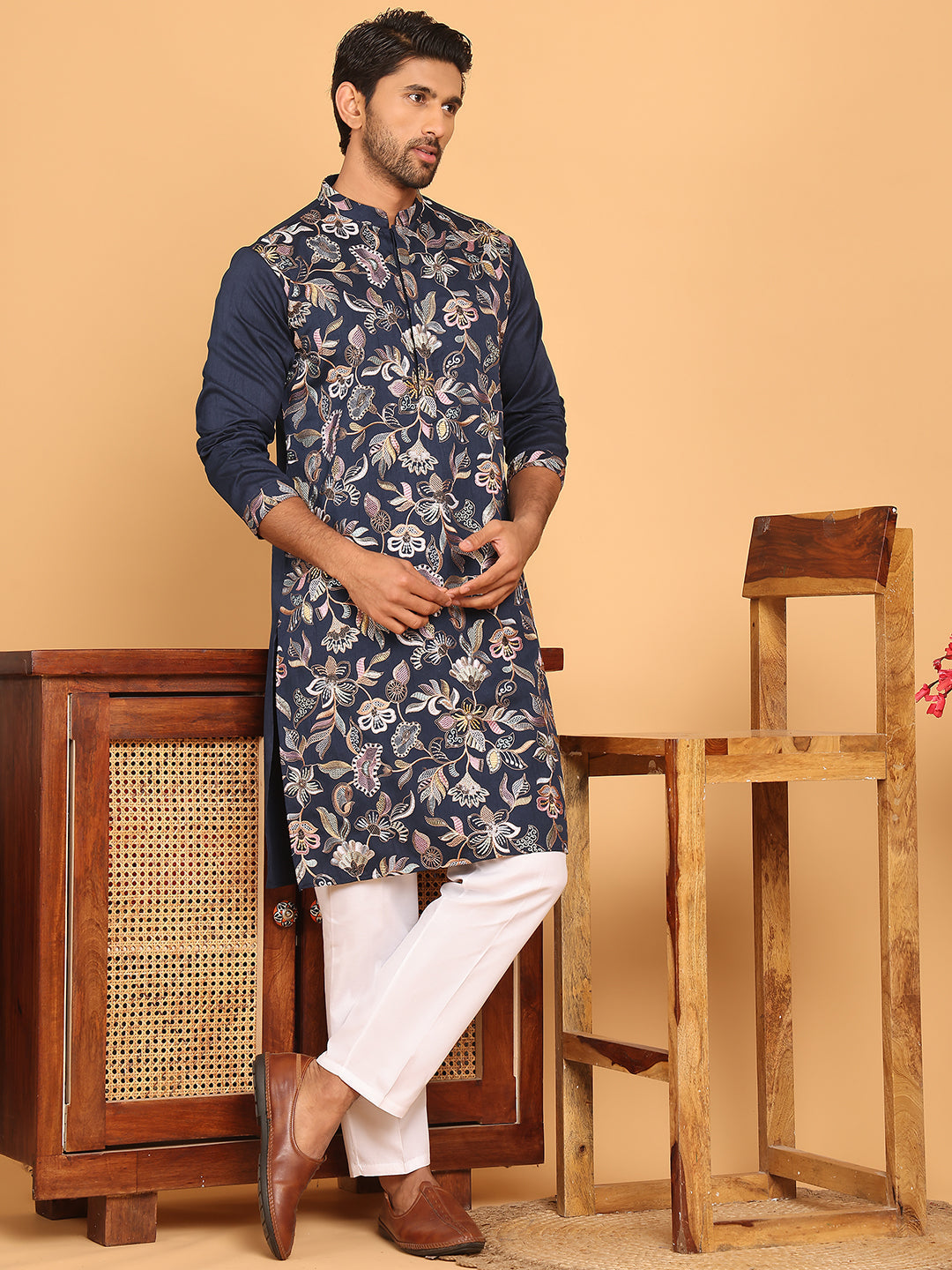 Embroidered Straight Kurta Set For Men ( JOKP P 5181 Navy )