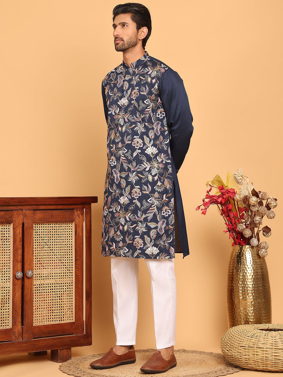 Embroidered Straight Kurta Set For Men ( JOKP P 5181 Navy )