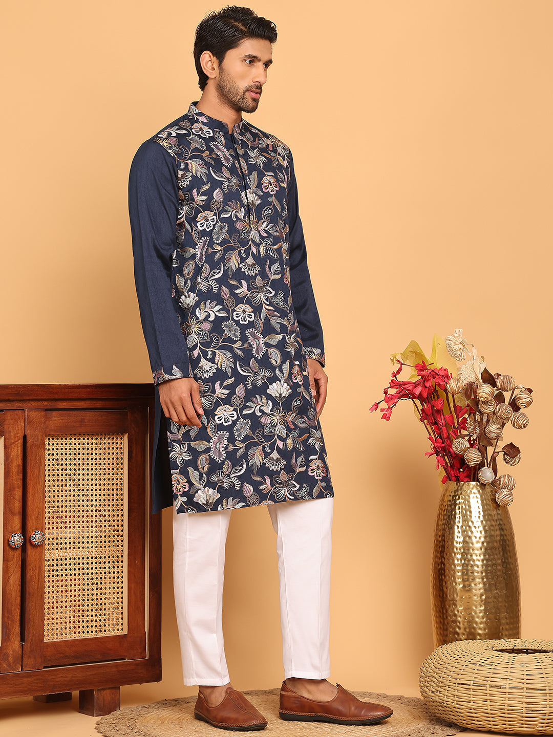 Embroidered Straight Kurta Set For Men ( JOKP P 5181 Navy )