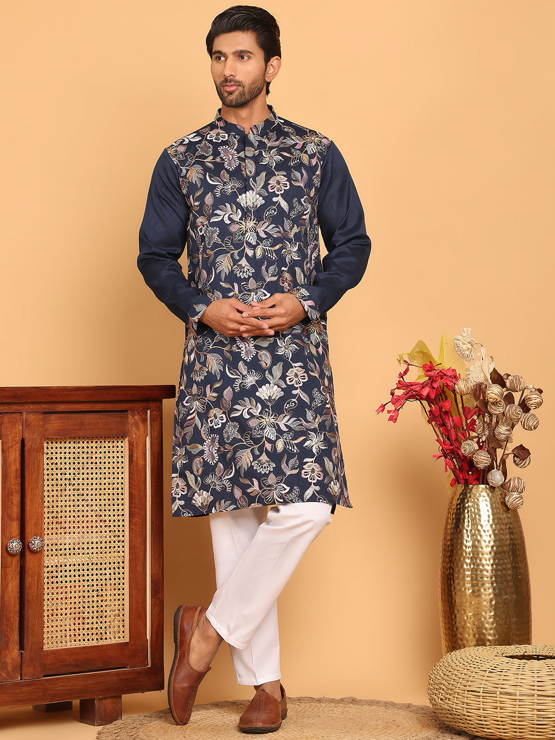 Embroidered Straight Kurta Set For Men ( JOKP P 5181 Navy )