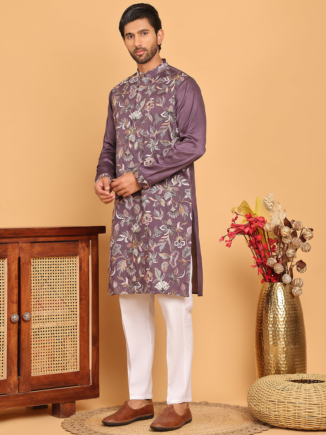 Embroidered Straight Kurta Set For Men ( JOKP P 5181 Purple )