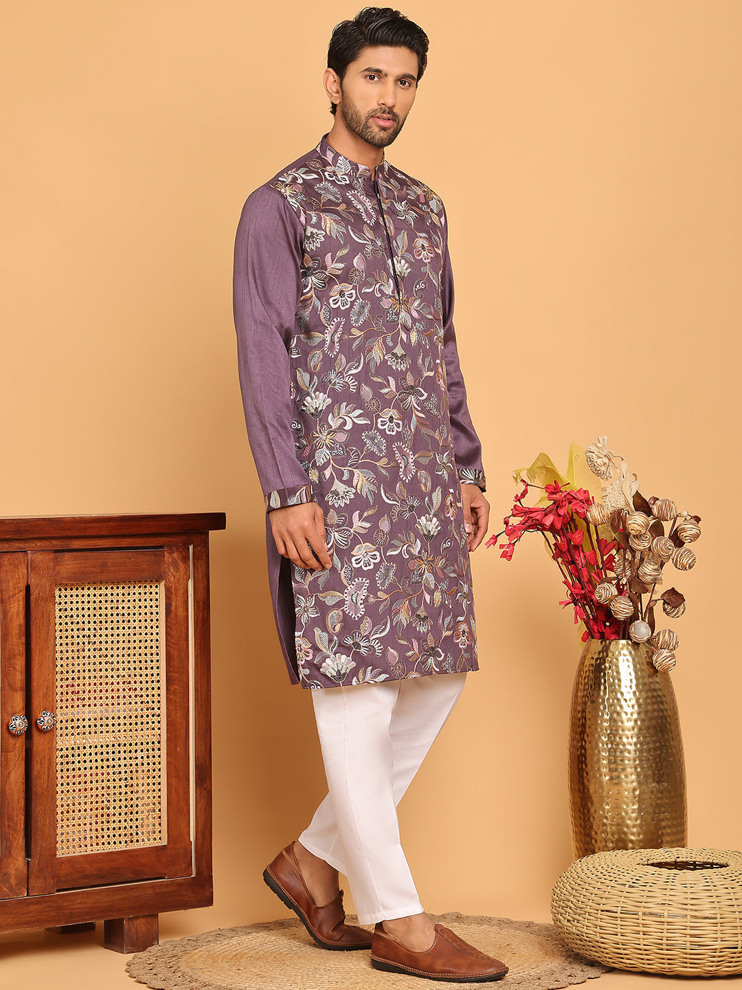 Embroidered Straight Kurta Set For Men ( JOKP P 5181 Purple )