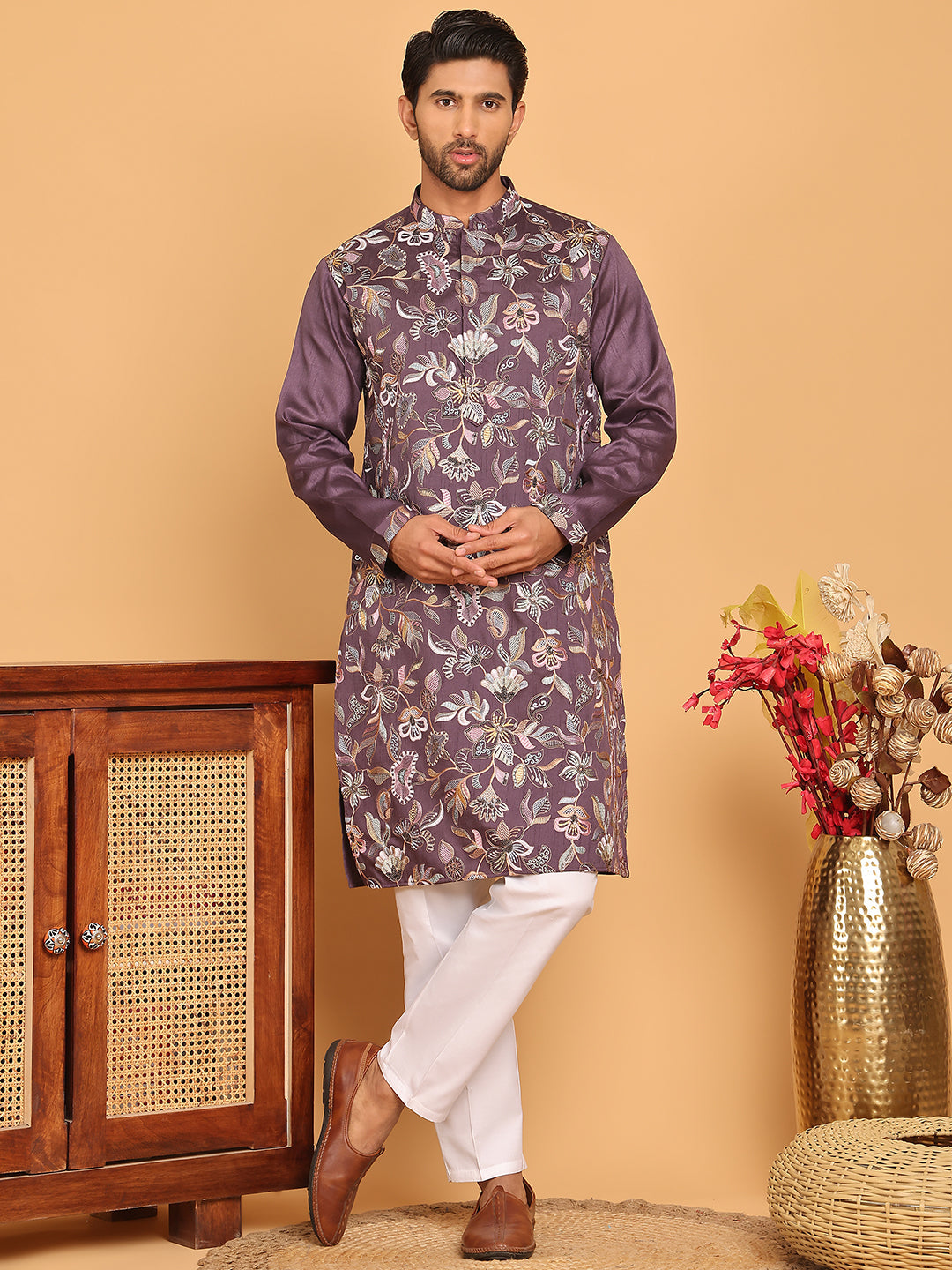 Embroidered Straight Kurta Set For Men ( JOKP P 5181 Purple )