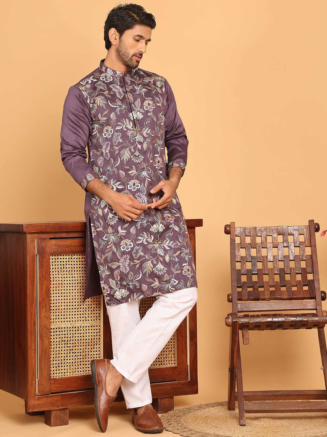 Embroidered Straight Kurta Set For Men ( JOKP P 5181 Purple )