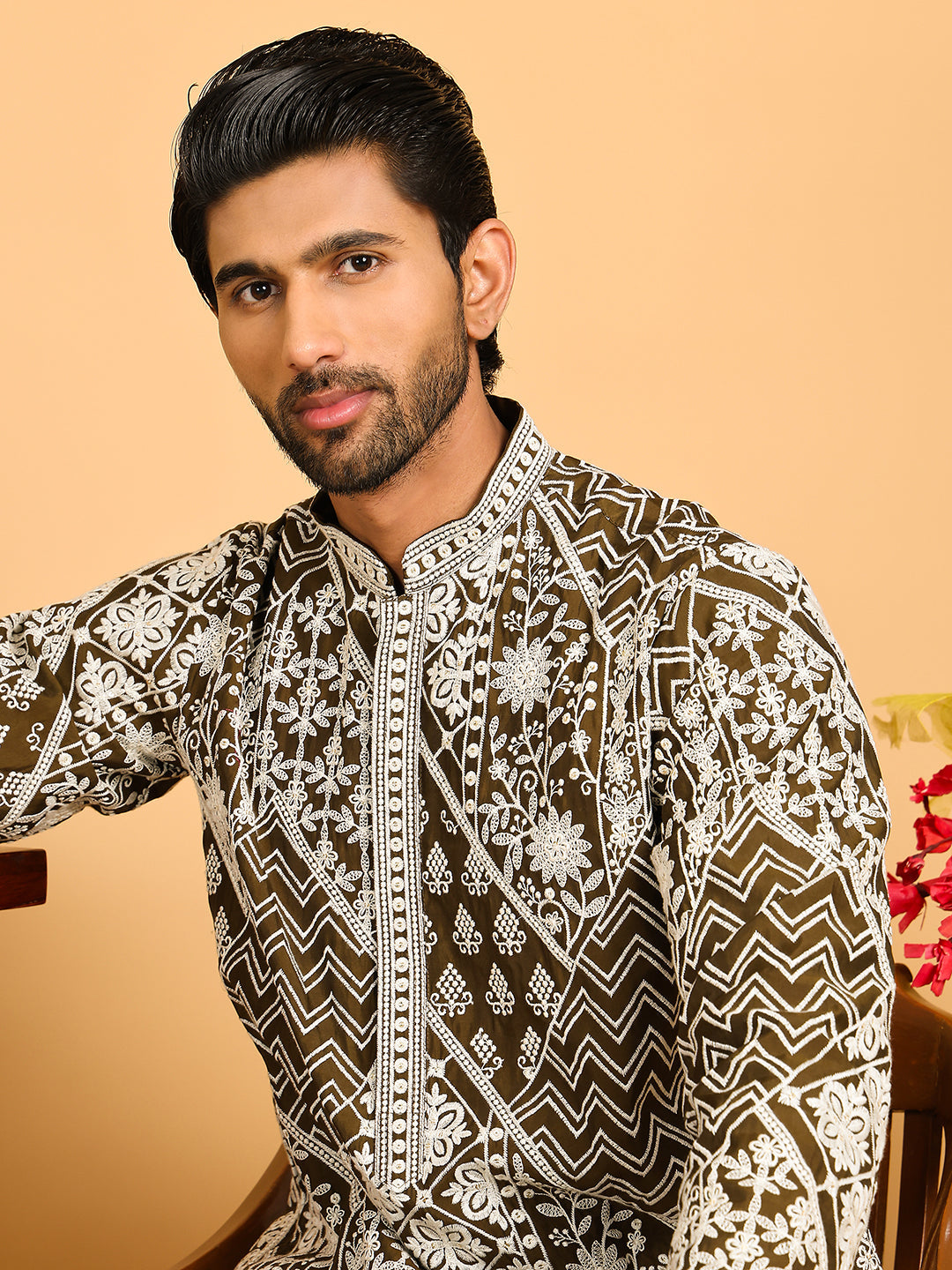 Floral Embroidery Silk Blend Kurta Pyjama for Men ( JOKP P 5182 Mehndi )