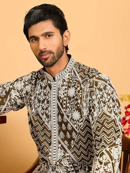 Floral Embroidery Silk Blend Kurta Pyjama for Men ( JOKP P 5182 Mehndi )