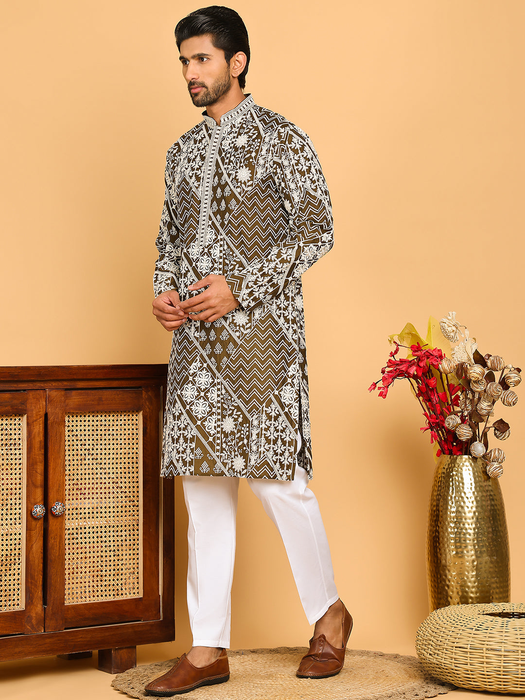 Floral Embroidery Silk Blend Kurta Pyjama for Men ( JOKP P 5182 Mehndi )