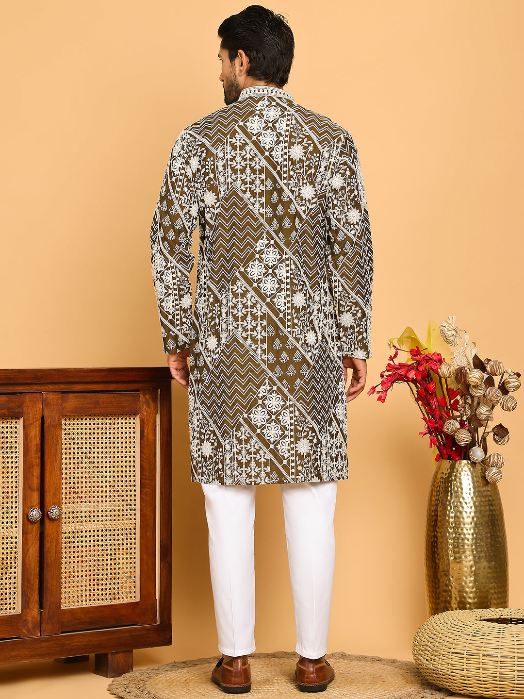 Floral Embroidery Silk Blend Kurta Pyjama for Men ( JOKP P 5182 Mehndi )
