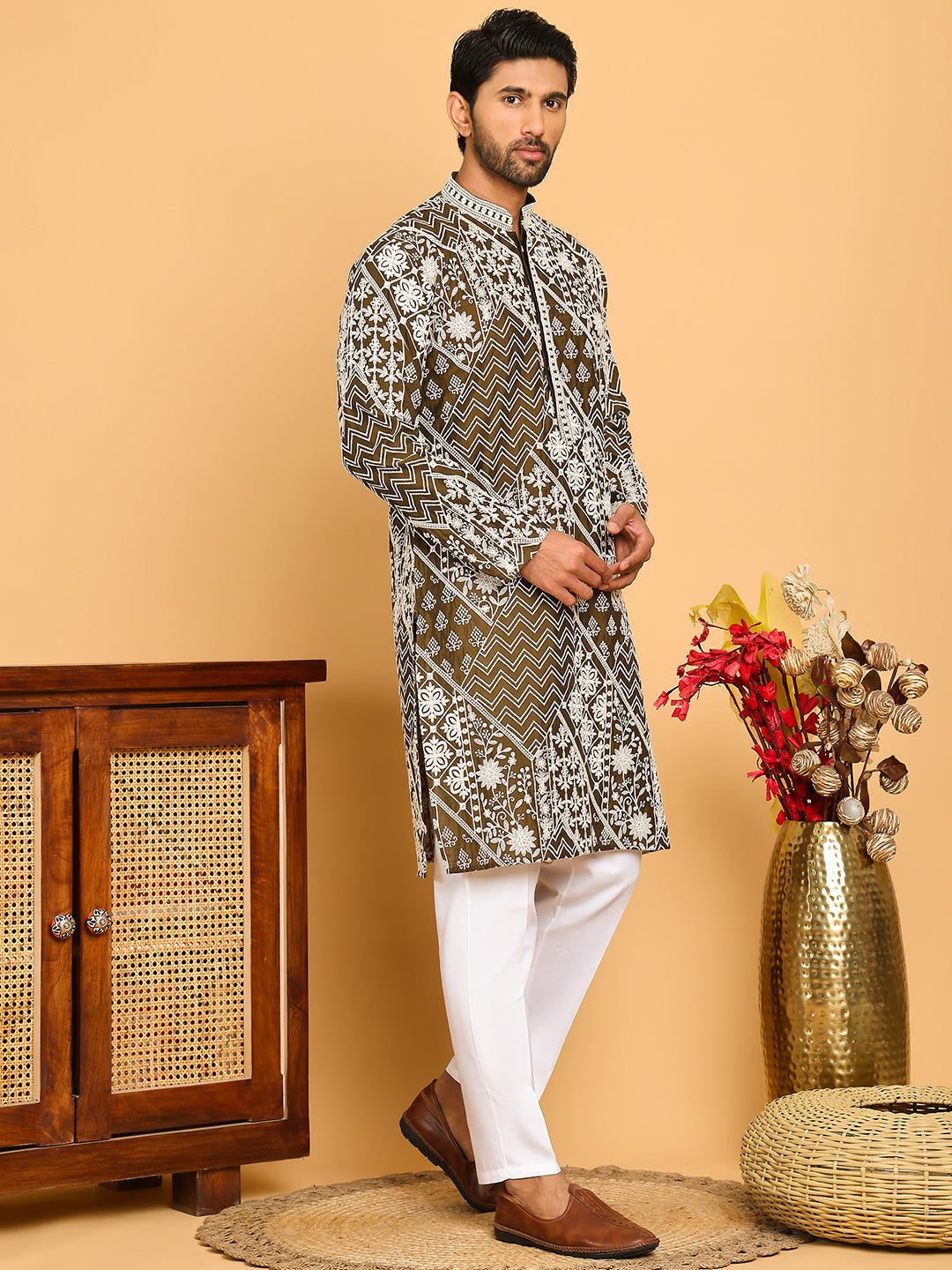 Floral Embroidery Silk Blend Kurta Pyjama for Men ( JOKP P 5182 Mehndi )