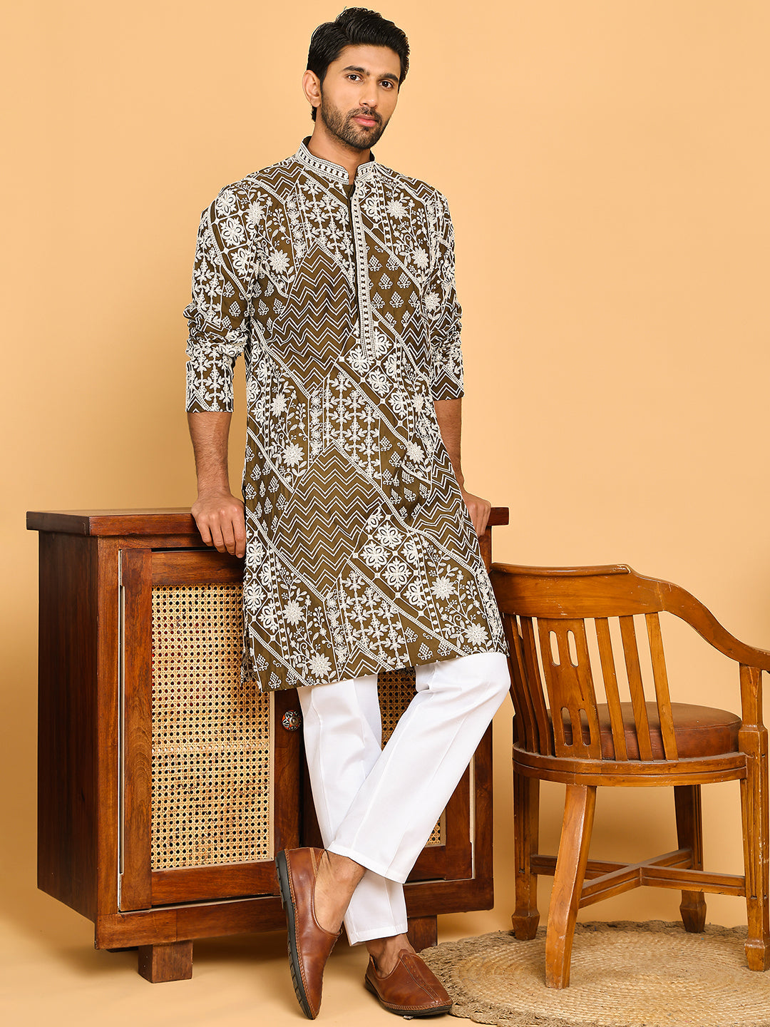 Floral Embroidery Silk Blend Kurta Pyjama for Men ( JOKP P 5182 Mehndi )