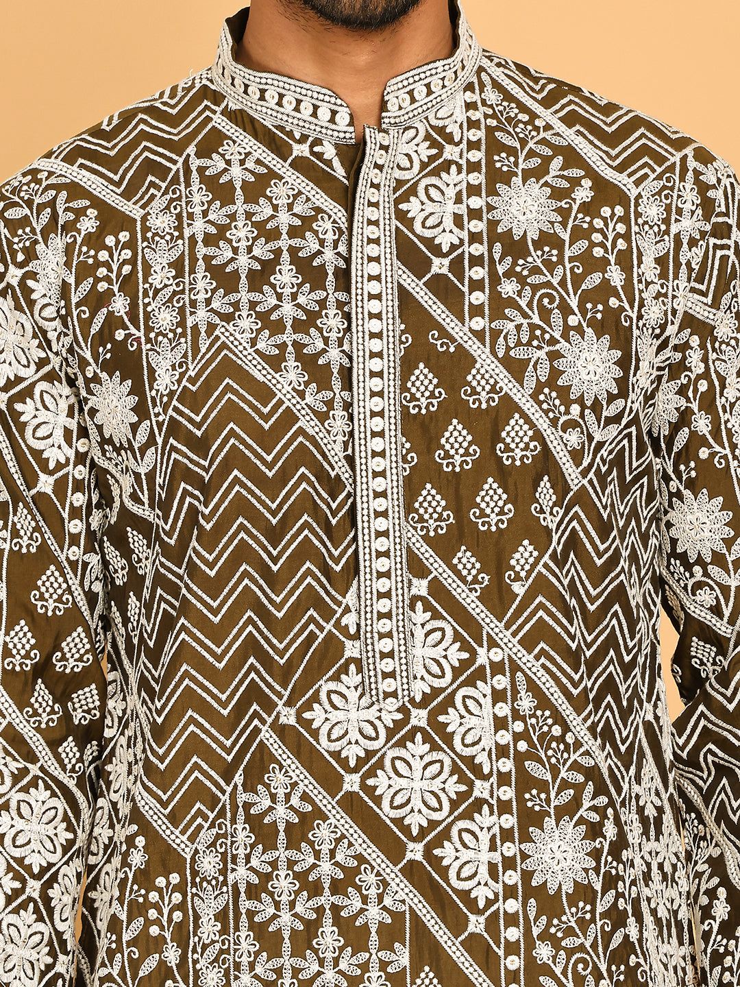 Floral Embroidery Silk Blend Kurta Pyjama for Men ( JOKP P 5182 Mehndi )