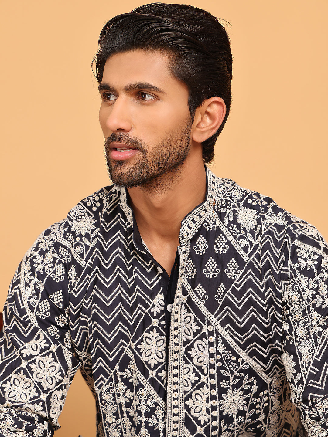 Floral Embroidery Silk Blend Kurta Pyjama for Men ( JOKP P 5182 Navy )