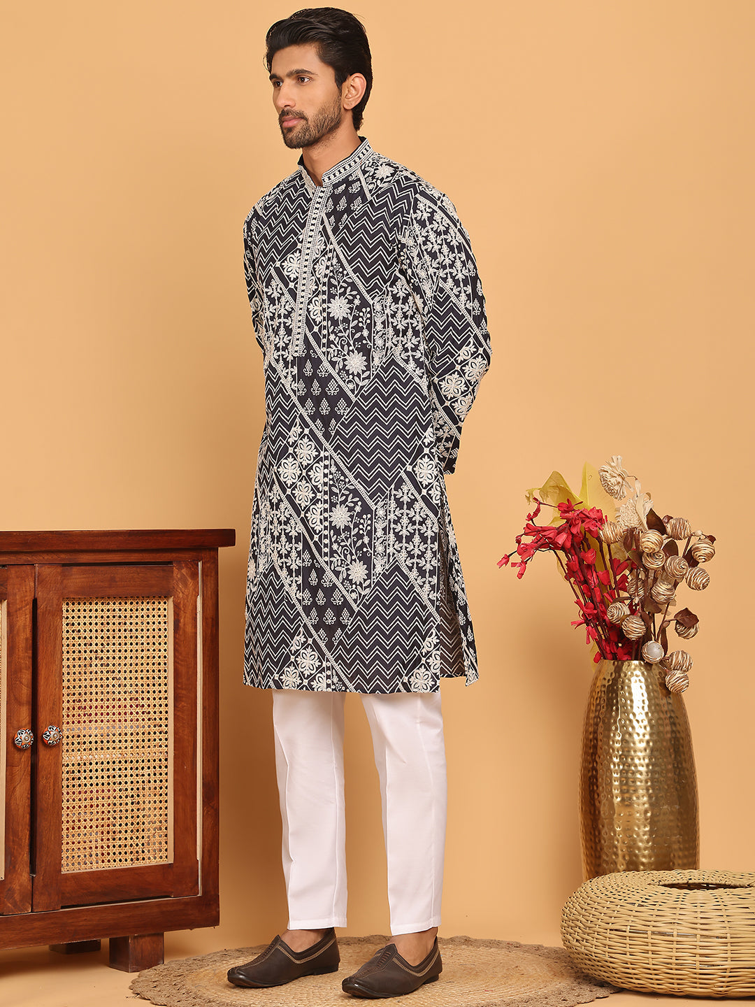 Floral Embroidery Silk Blend Kurta Pyjama for Men ( JOKP P 5182 Navy )