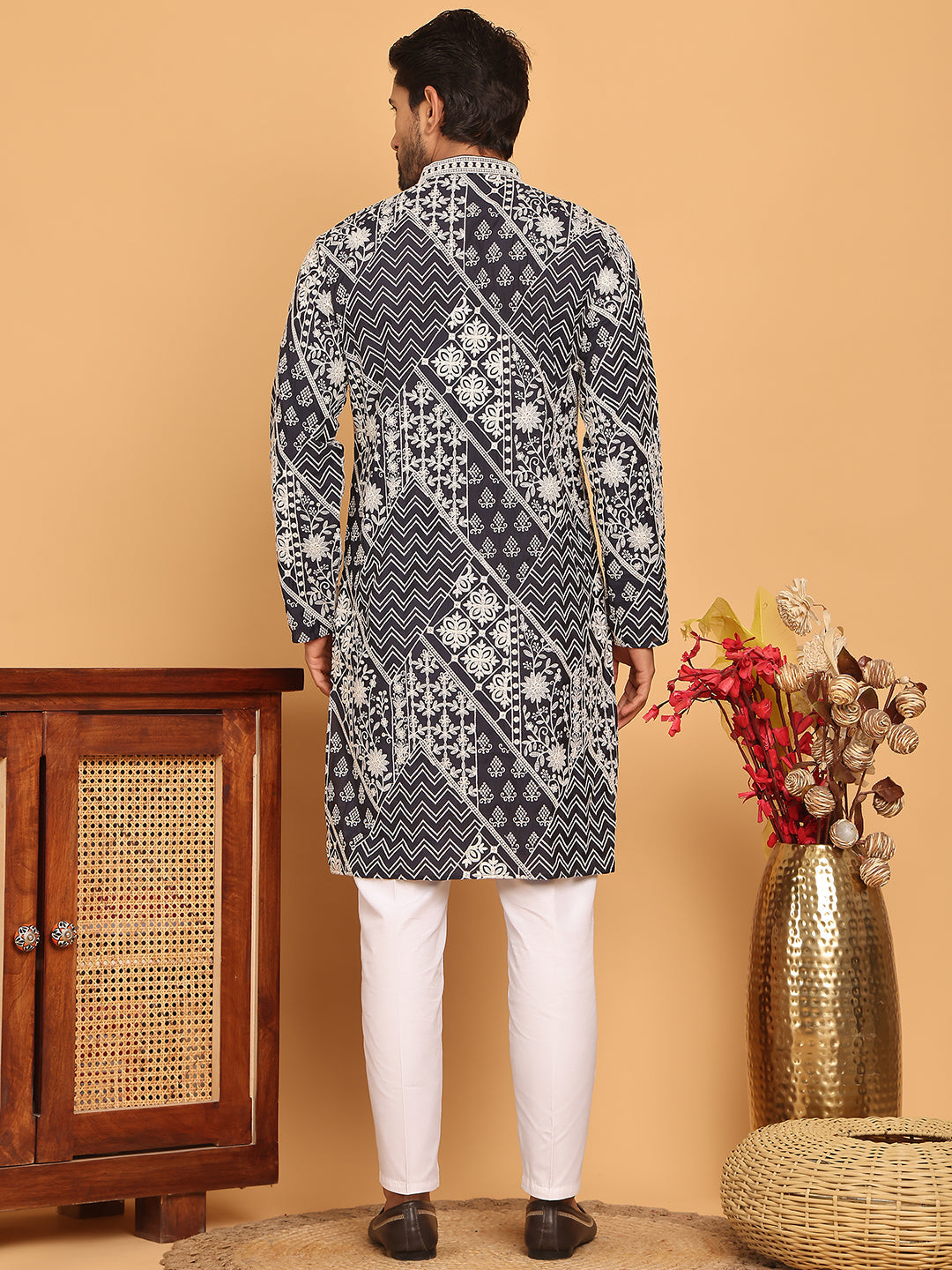 Floral Embroidery Silk Blend Kurta Pyjama for Men ( JOKP P 5182 Navy )