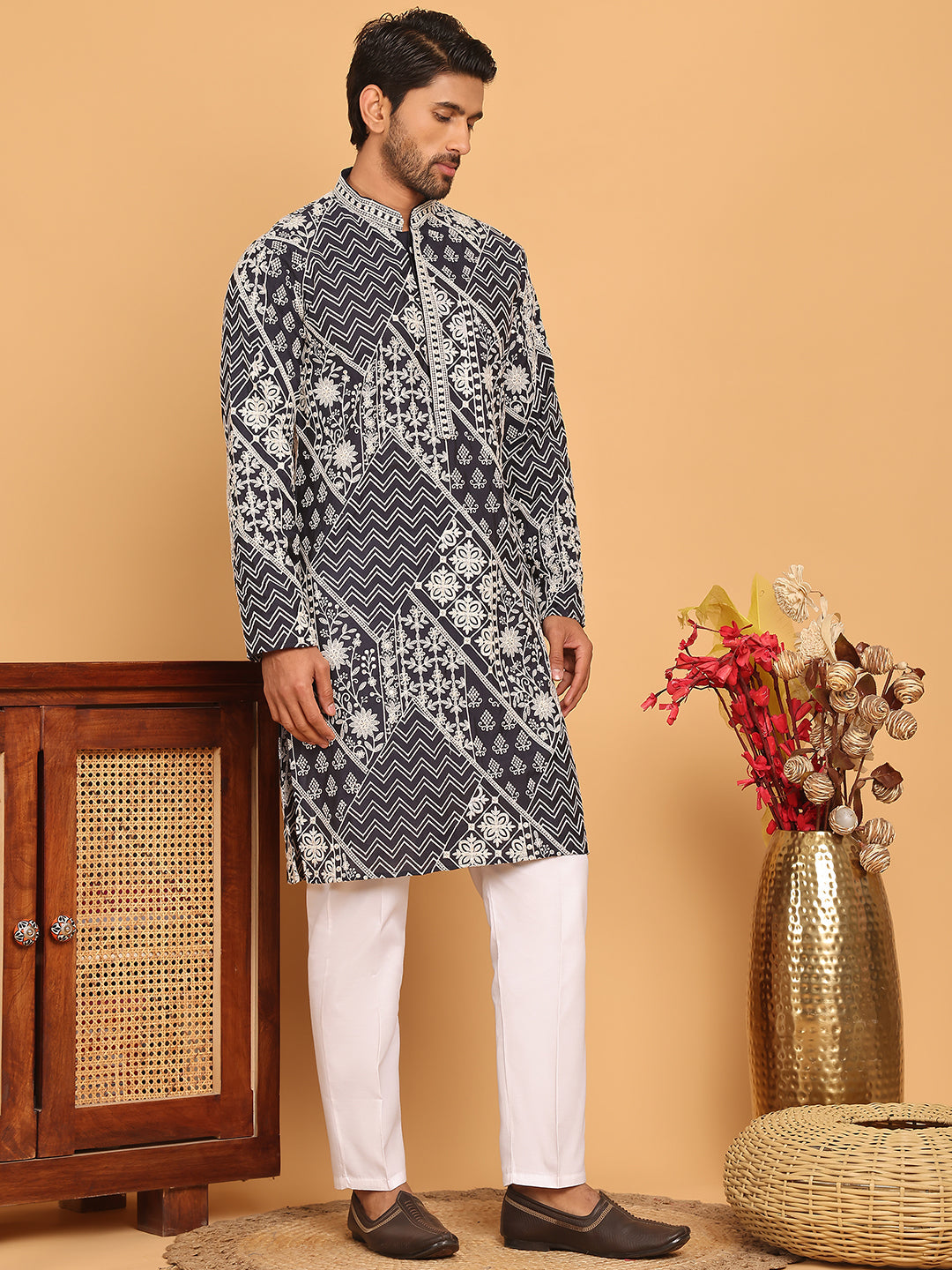 Floral Embroidery Silk Blend Kurta Pyjama for Men ( JOKP P 5182 Navy )