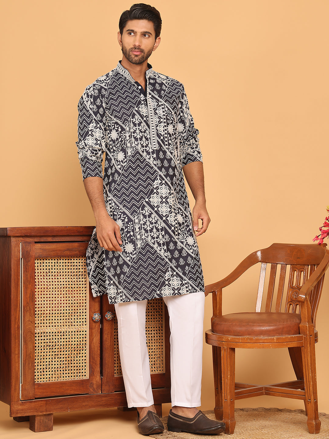Floral Embroidery Silk Blend Kurta Pyjama for Men ( JOKP P 5182 Navy )
