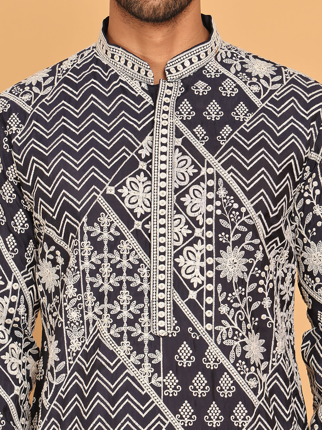 Floral Embroidery Silk Blend Kurta Pyjama for Men ( JOKP P 5182 Navy )