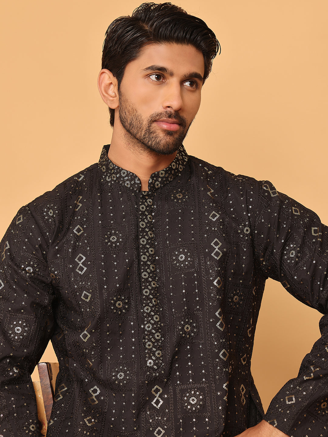 Men's Sequins Embroidered Kurta With Pyjama ( JOKP P 5183 Black )