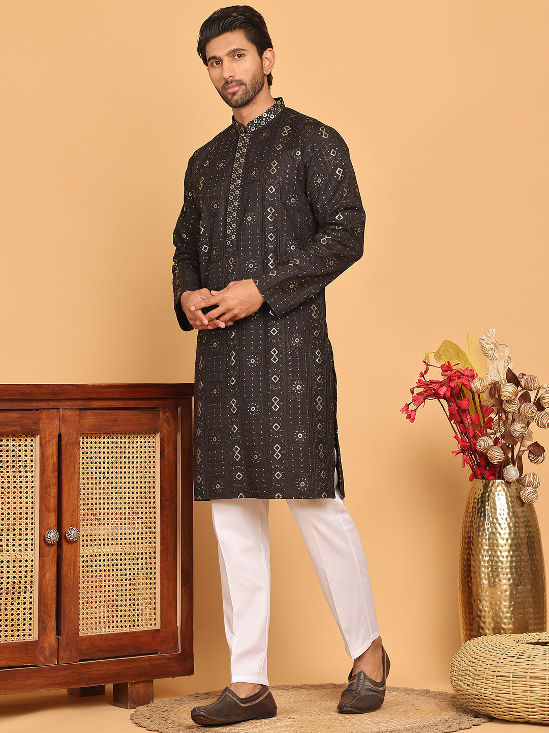 Men's Sequins Embroidered Kurta With Pyjama ( JOKP P 5183 Black )