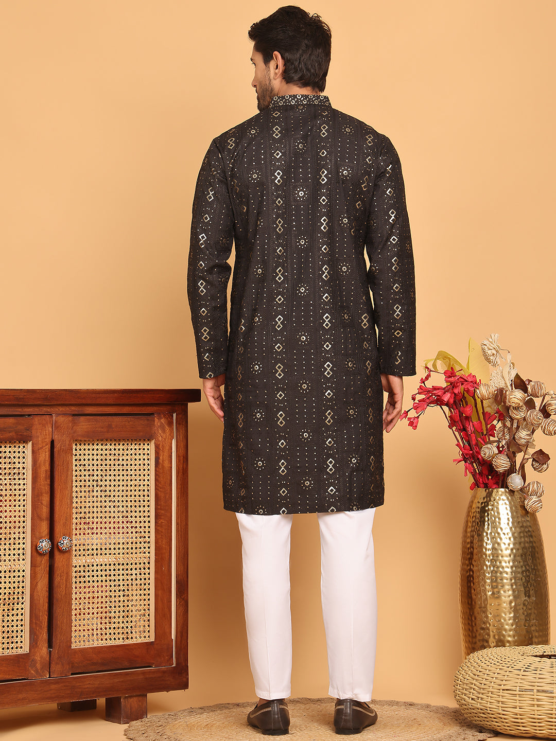 Men's Sequins Embroidered Kurta With Pyjama ( JOKP P 5183 Black )