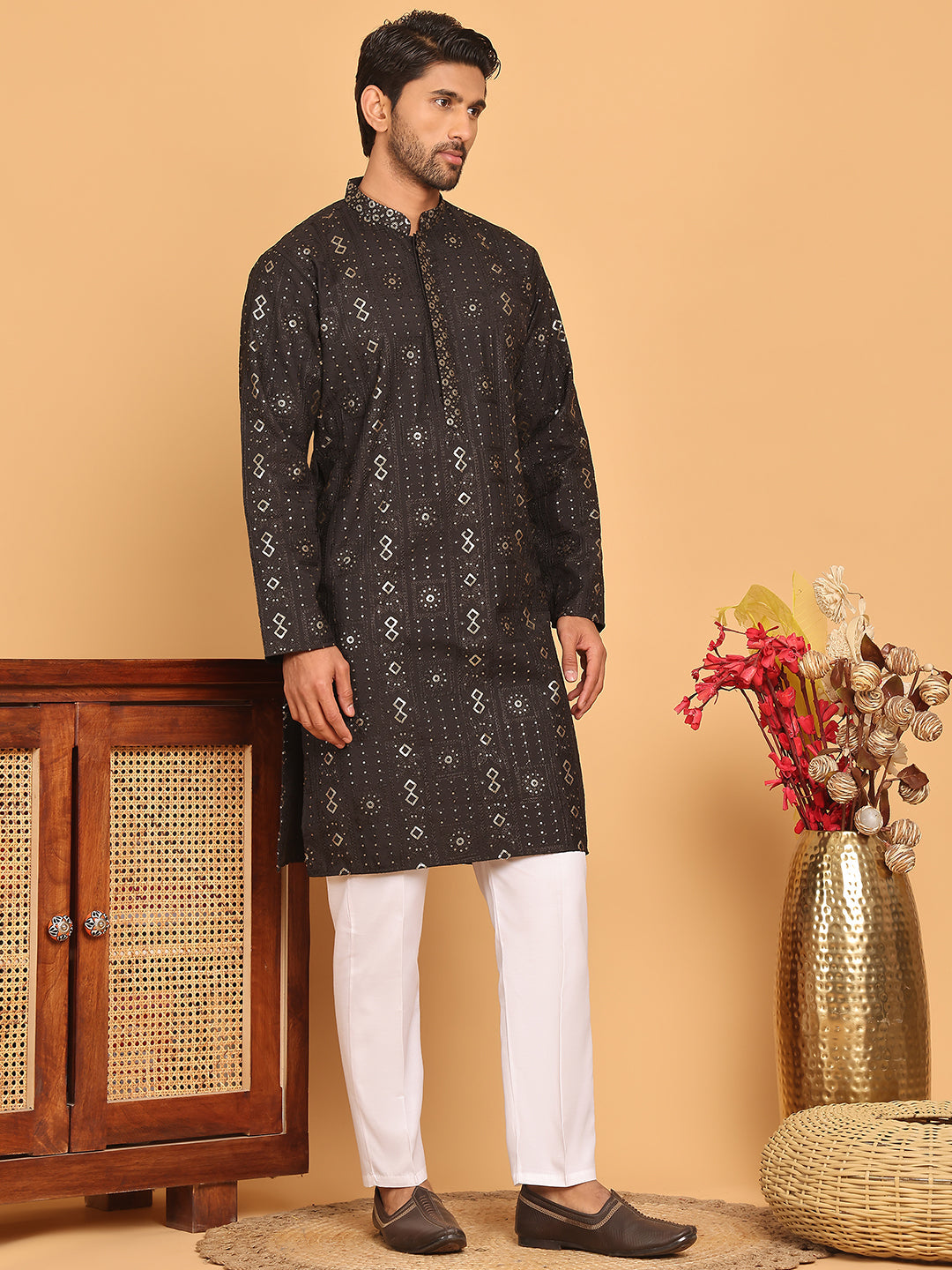 Men's Sequins Embroidered Kurta With Pyjama ( JOKP P 5183 Black )