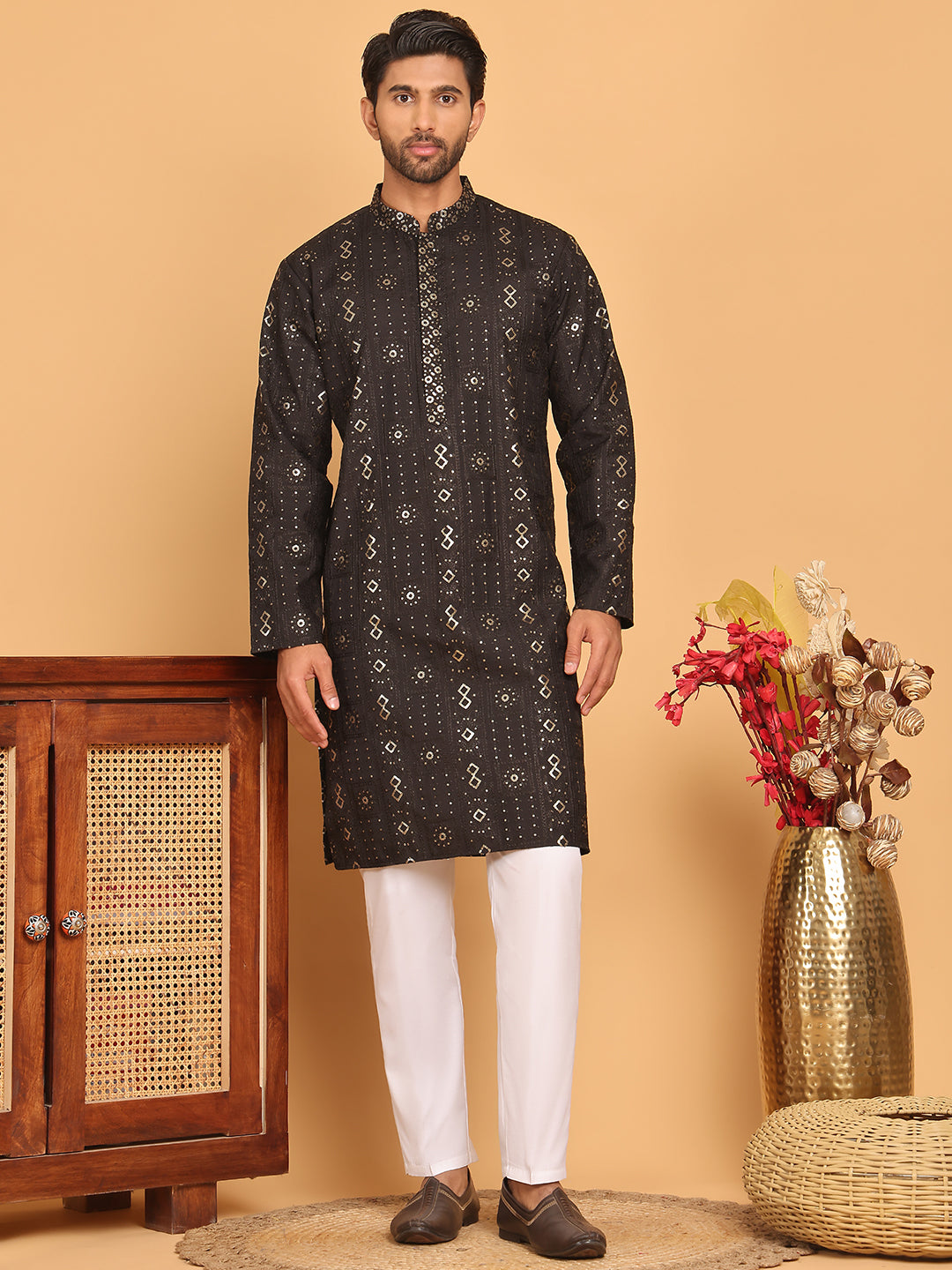 Men's Sequins Embroidered Kurta With Pyjama ( JOKP P 5183 Black )