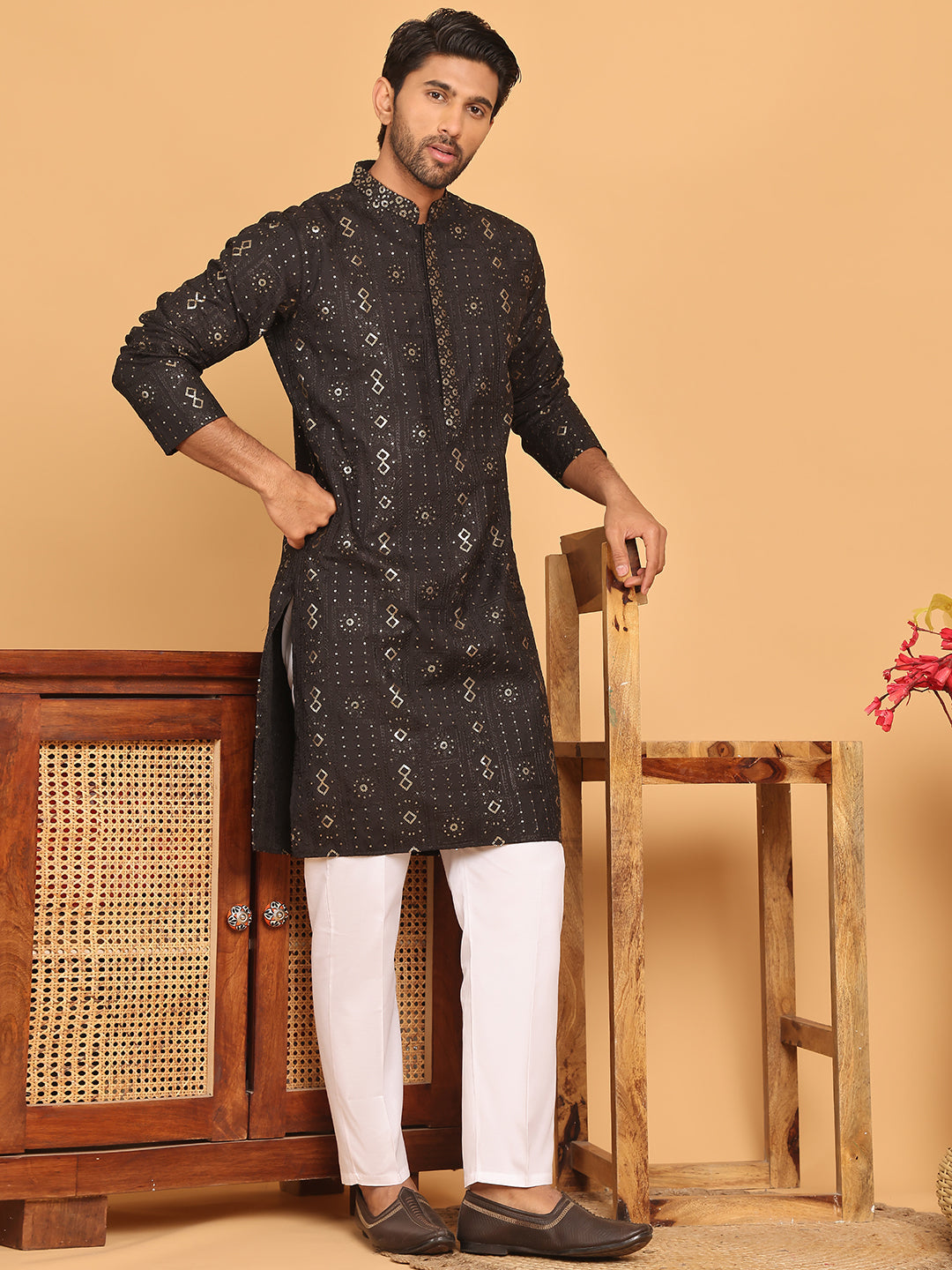 Men's Sequins Embroidered Kurta With Pyjama ( JOKP P 5183 Black )