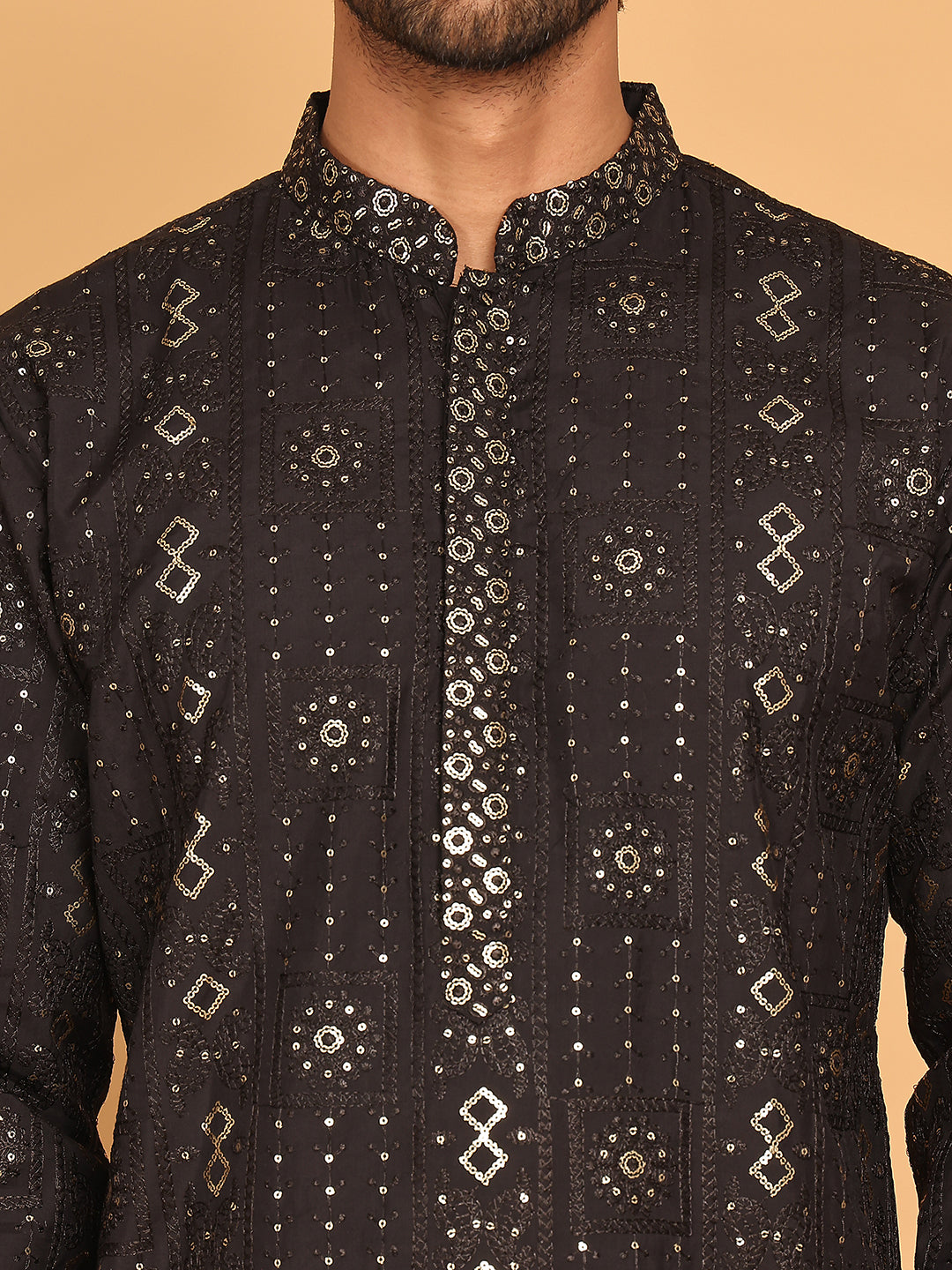 Men's Sequins Embroidered Kurta With Pyjama ( JOKP P 5183 Black )