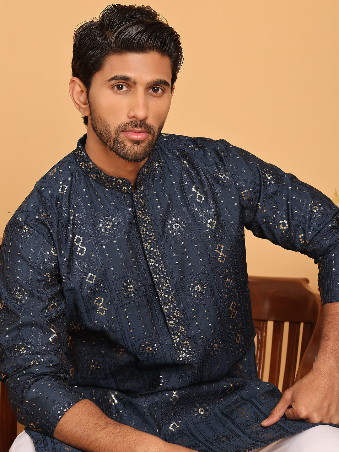 Men's Sequins Embroidered Kurta With Pyjama ( JOKP P 5183 Navy )