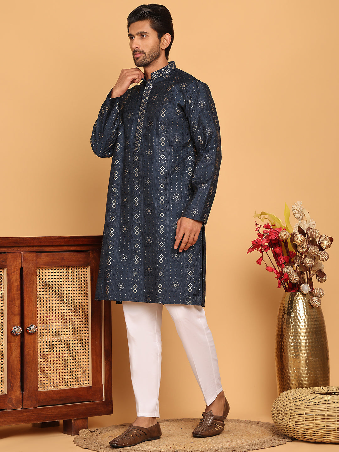 Men's Sequins Embroidered Kurta With Pyjama ( JOKP P 5183 Navy )