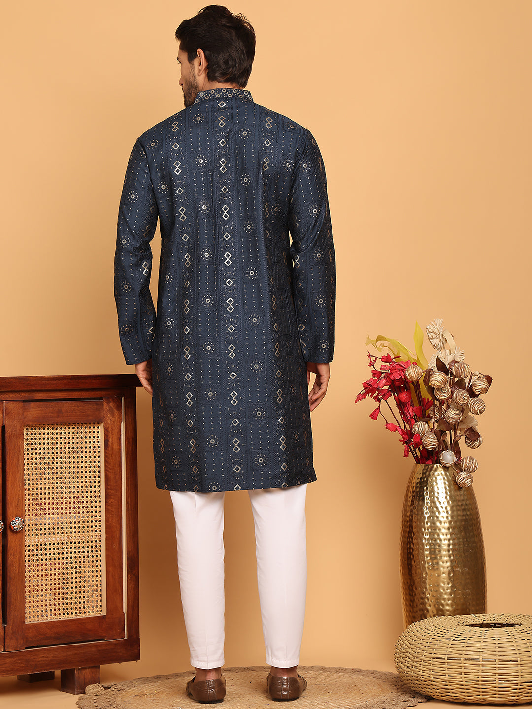 Men's Sequins Embroidered Kurta With Pyjama ( JOKP P 5183 Navy )