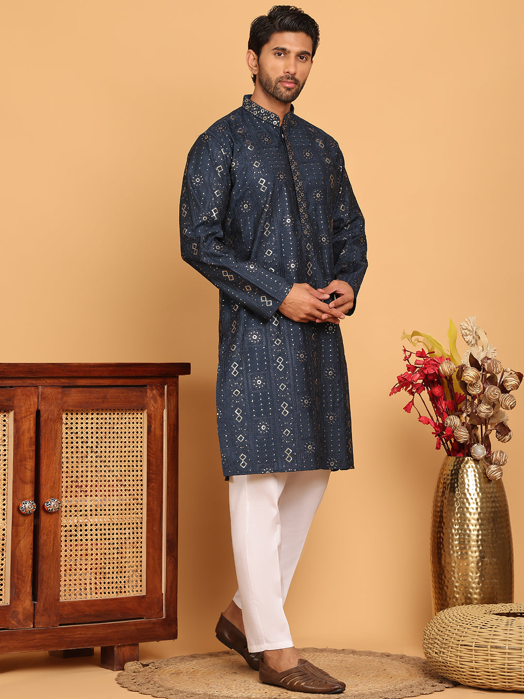 Men's Sequins Embroidered Kurta With Pyjama ( JOKP P 5183 Navy )