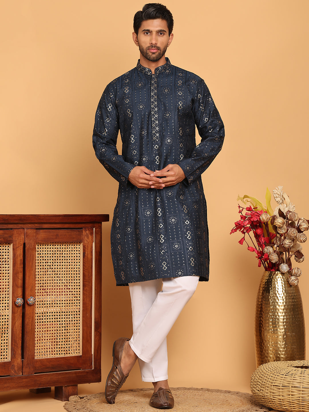 Men's Sequins Embroidered Kurta With Pyjama ( JOKP P 5183 Navy )