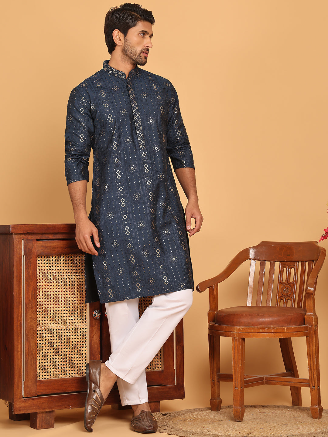 Men's Sequins Embroidered Kurta With Pyjama ( JOKP P 5183 Navy )