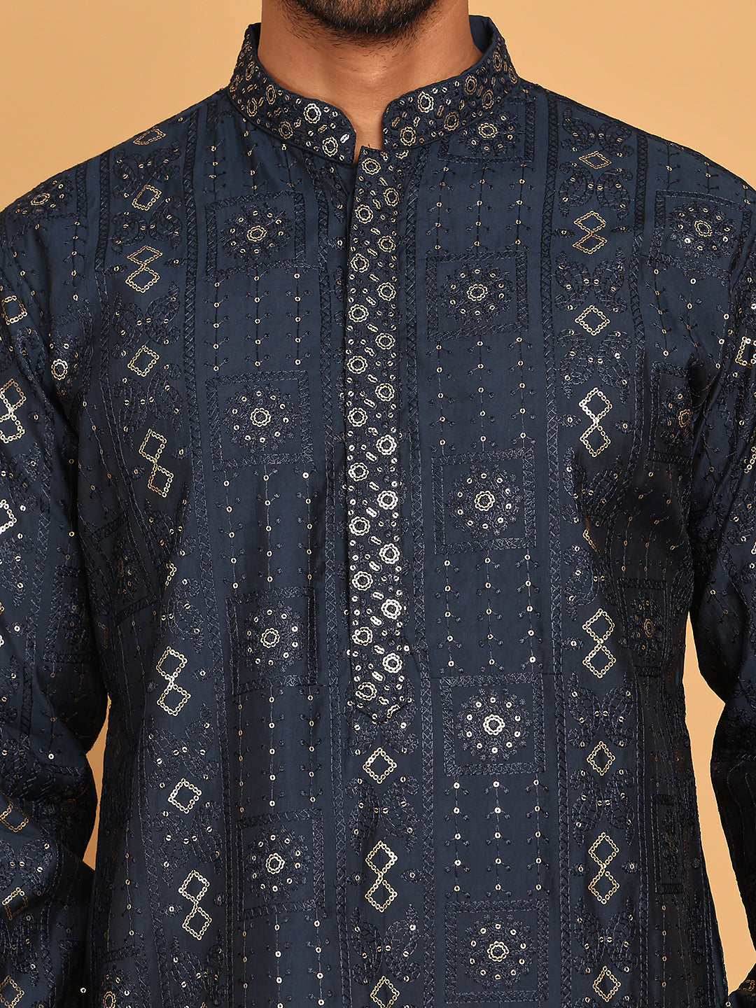 Men's Sequins Embroidered Kurta With Pyjama ( JOKP P 5183 Navy )