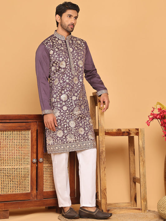 Embroidered Straight Kurta Set For Men ( JOKP P 5184 Purple )