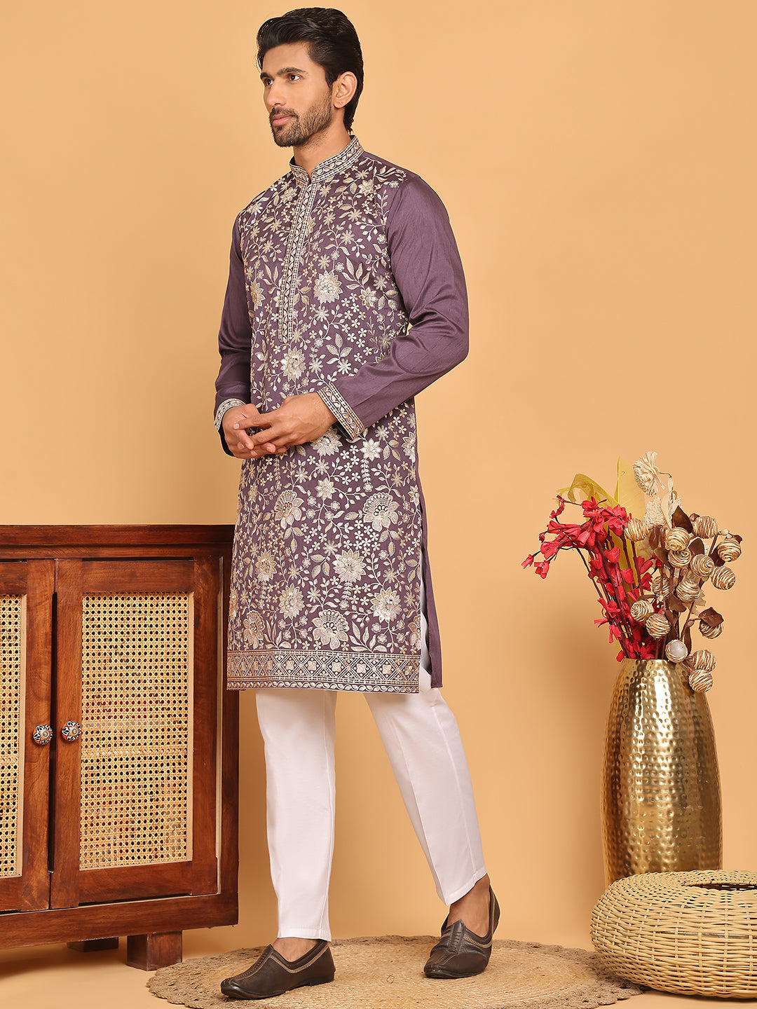 Embroidered Straight Kurta Set For Men ( JOKP P 5184 Purple )