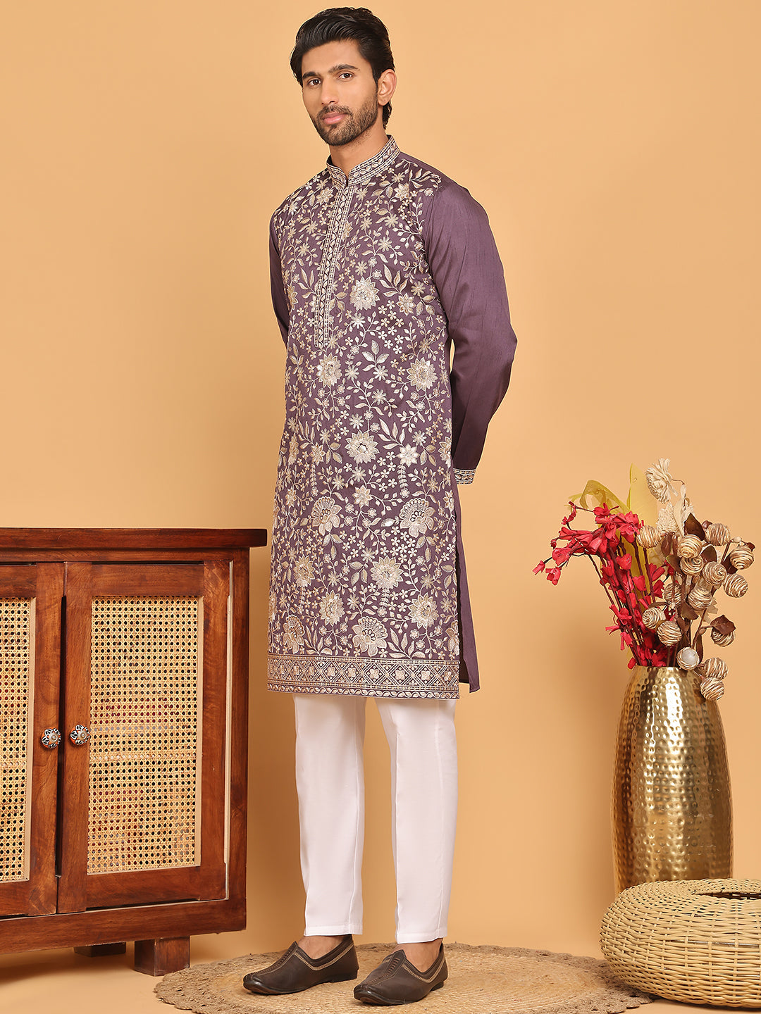 Embroidered Straight Kurta Set For Men ( JOKP P 5184 Purple )
