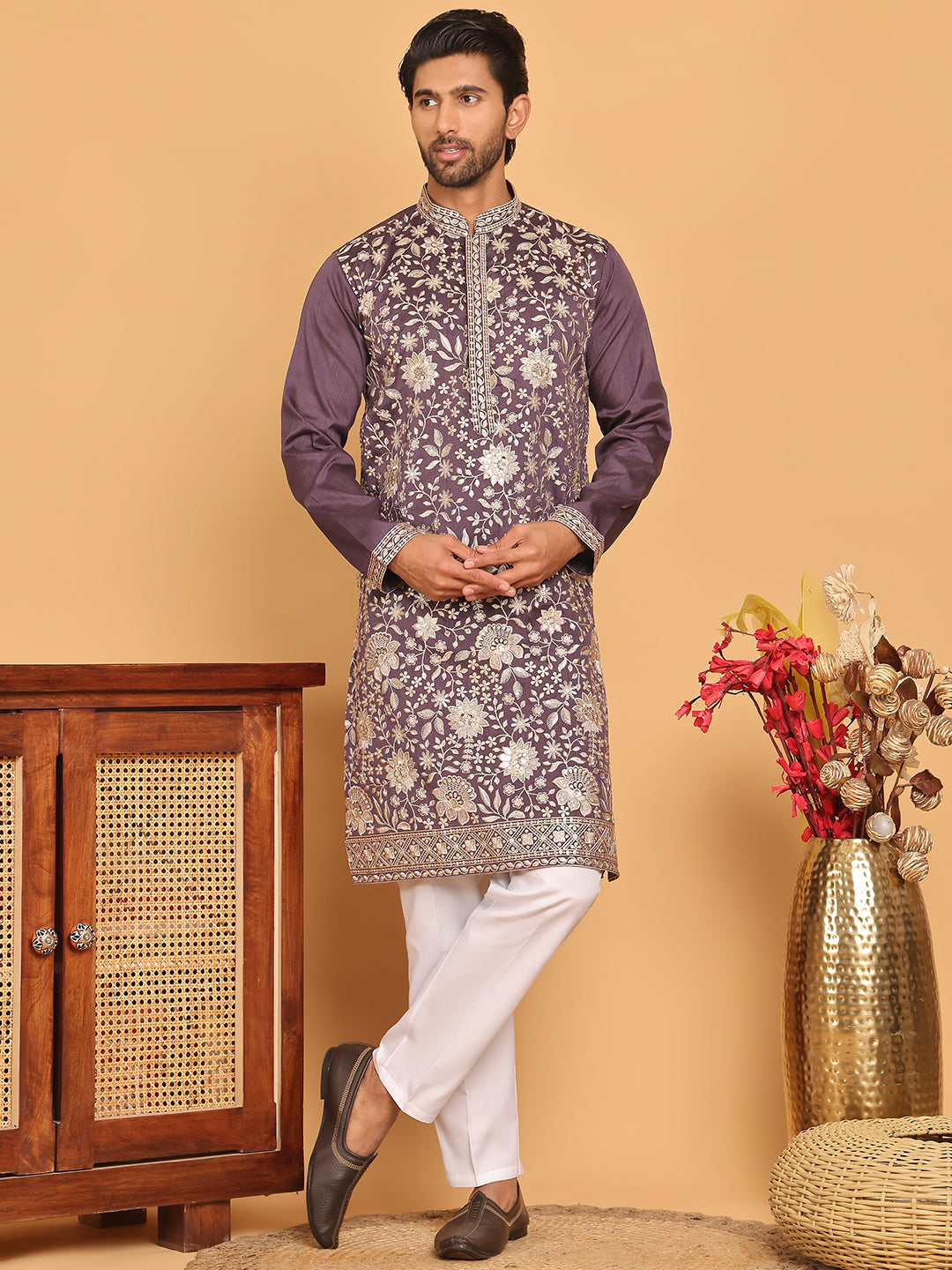 Embroidered Straight Kurta Set For Men ( JOKP P 5184 Purple )