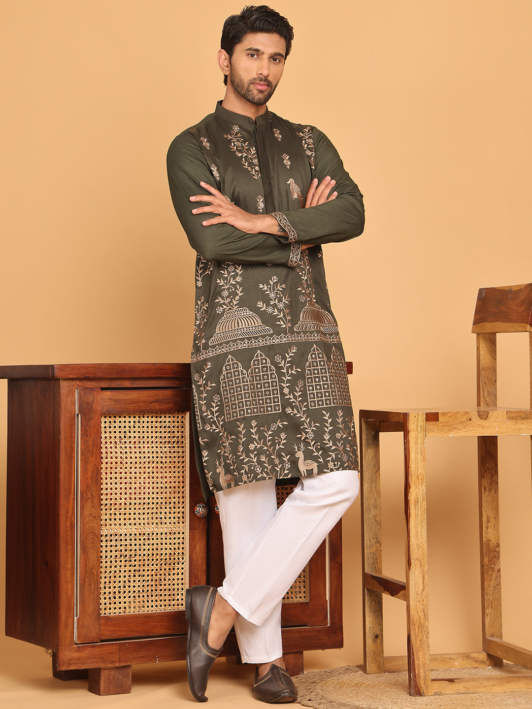 Embroidered Straight Kurta Set For Men ( JOKP P 5185 Olive )