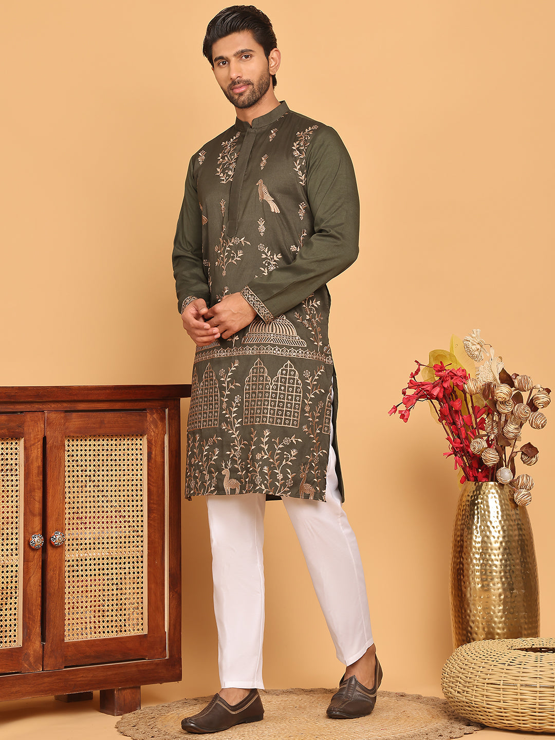 Embroidered Straight Kurta Set For Men ( JOKP P 5185 Olive )