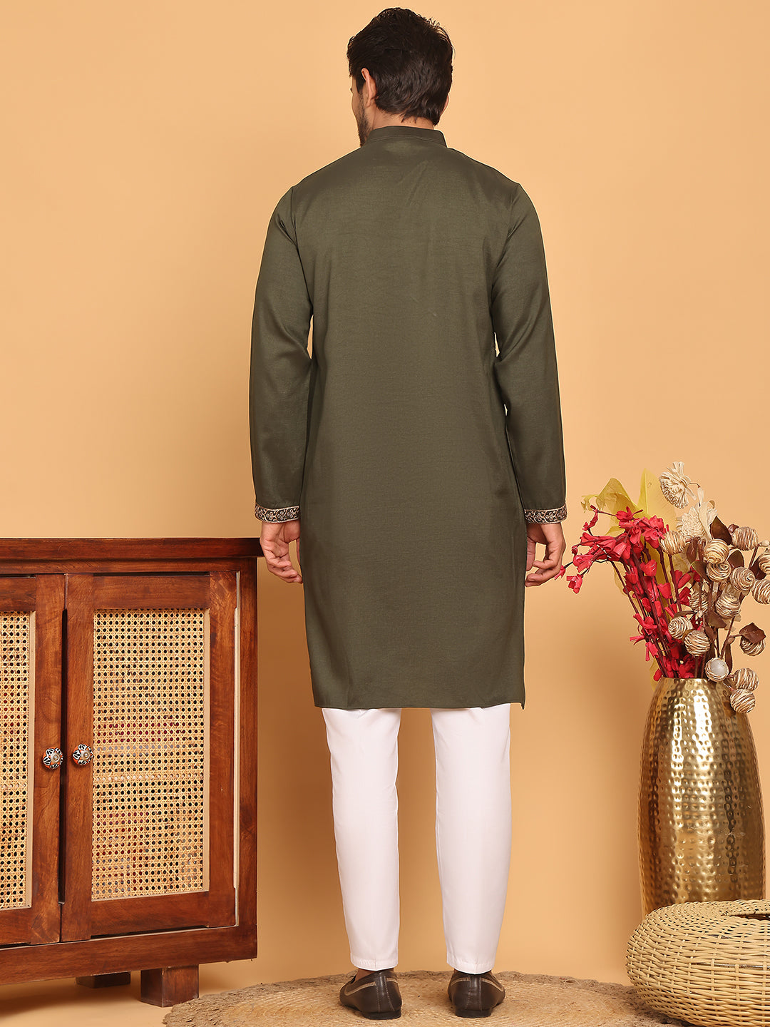 Embroidered Straight Kurta Set For Men ( JOKP P 5185 Olive )