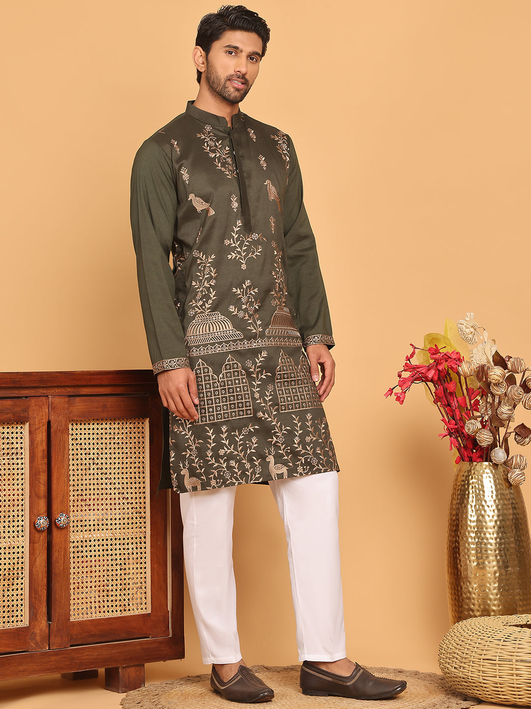 Embroidered Straight Kurta Set For Men ( JOKP P 5185 Olive )